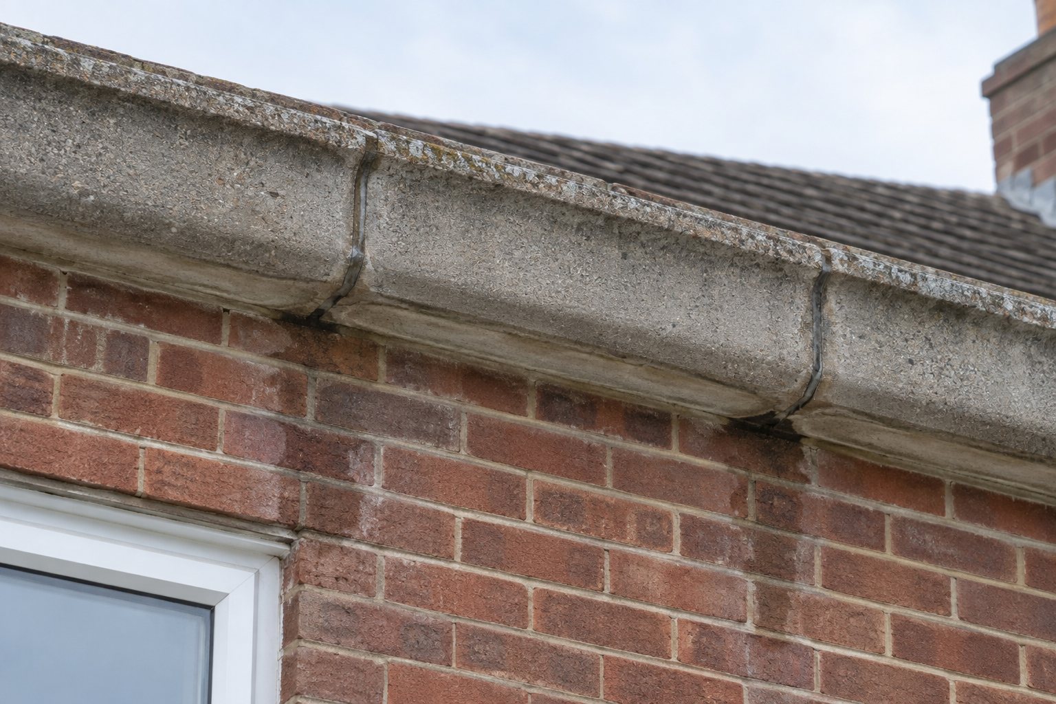 Joints and water staining below a Finlock concrete gutter