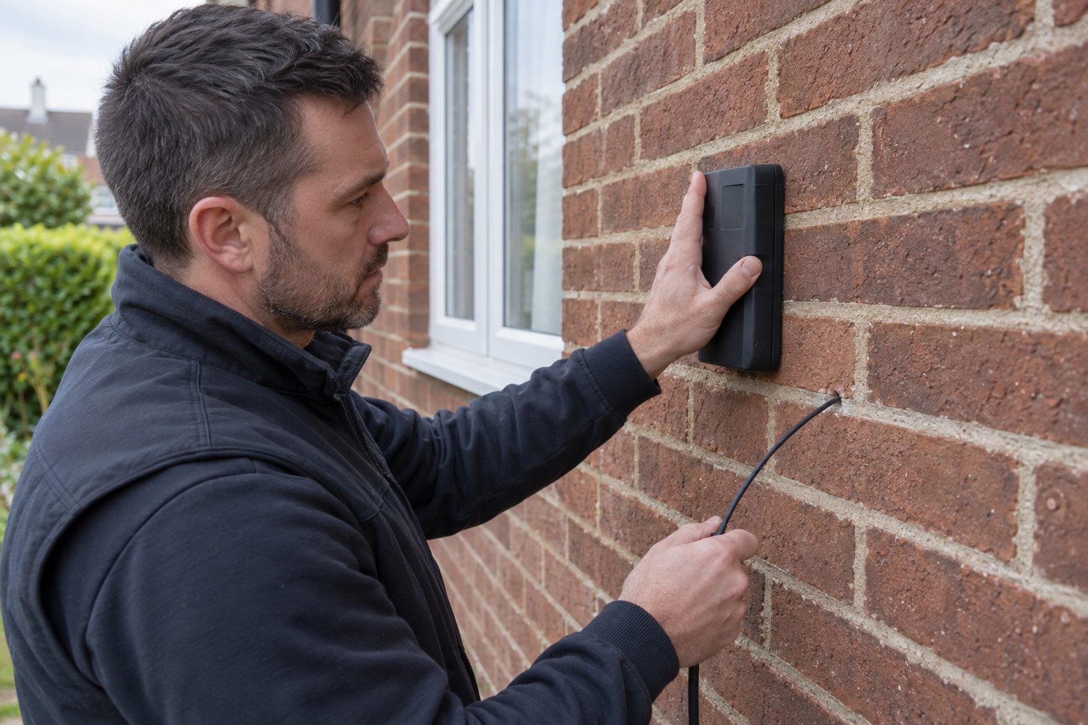 Specialist using a wall-tie scanner and borescope on brickwork