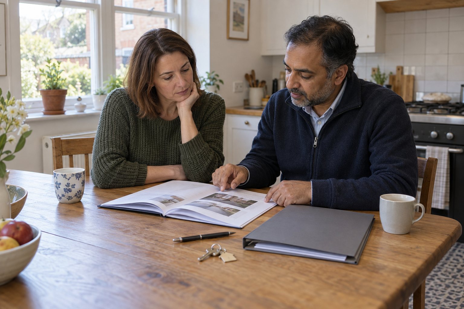 Homebuyer reviewing survey and specialist asbestos information before exchange