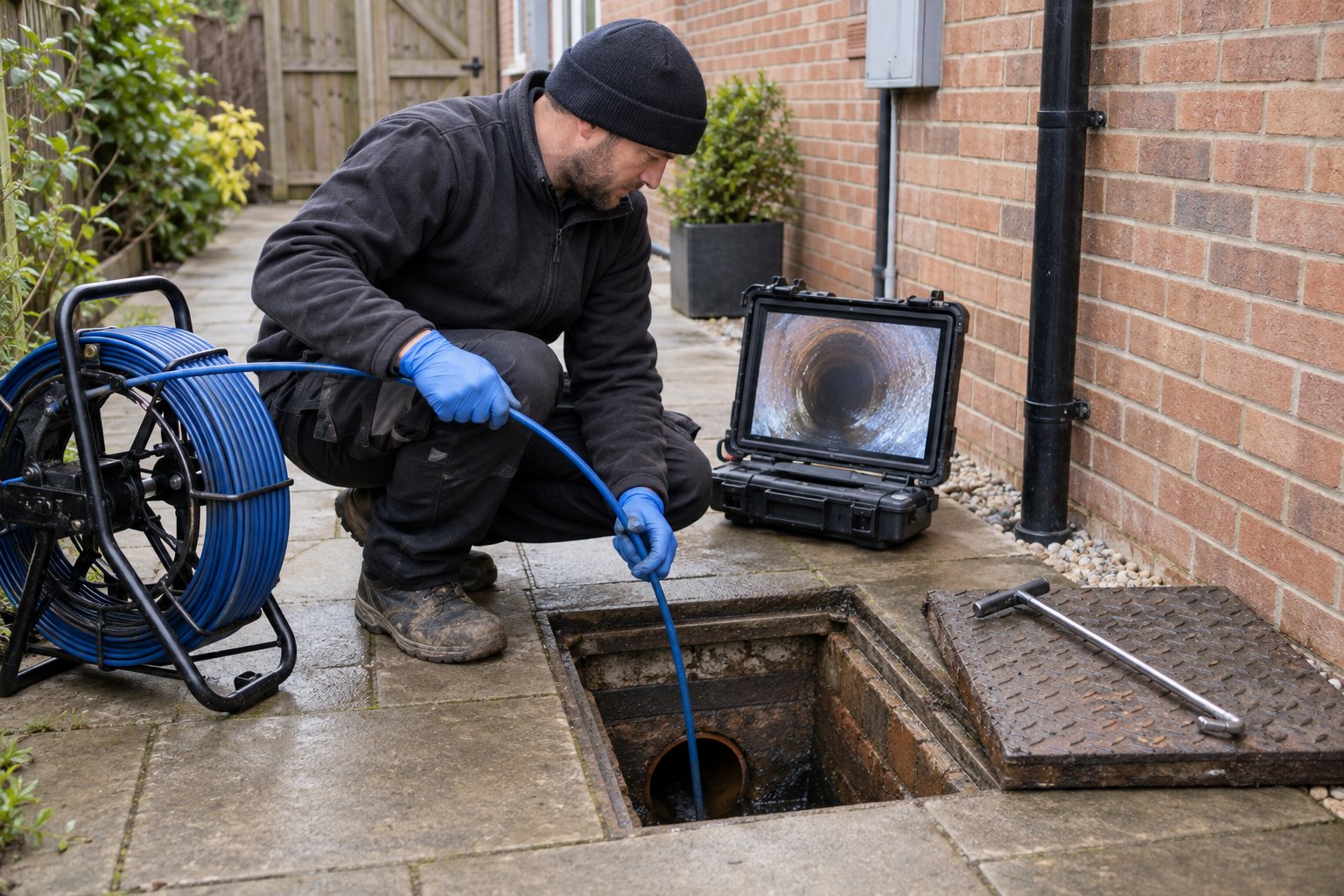 Specialist carrying out a CCTV drain survey through an inspection chamber