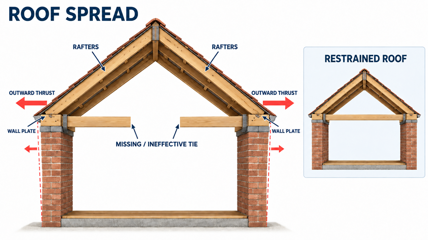 Diagram showing outward roof thrust when a tie is missing or ineffective, compared with a restrained roof